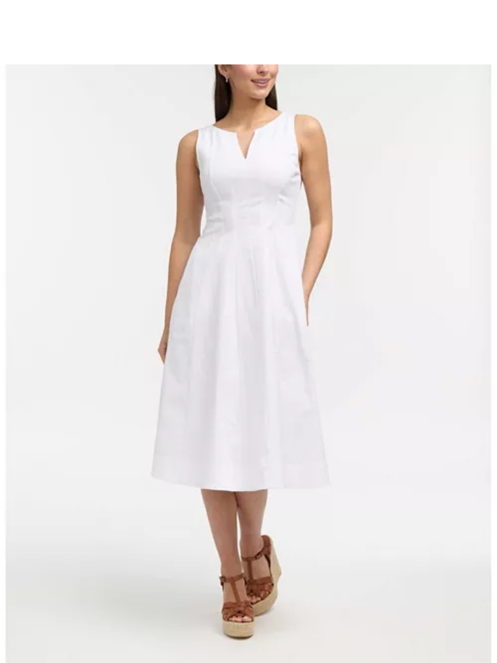 Ellen Tracy White Sleeveless Midi Dress with Notch V